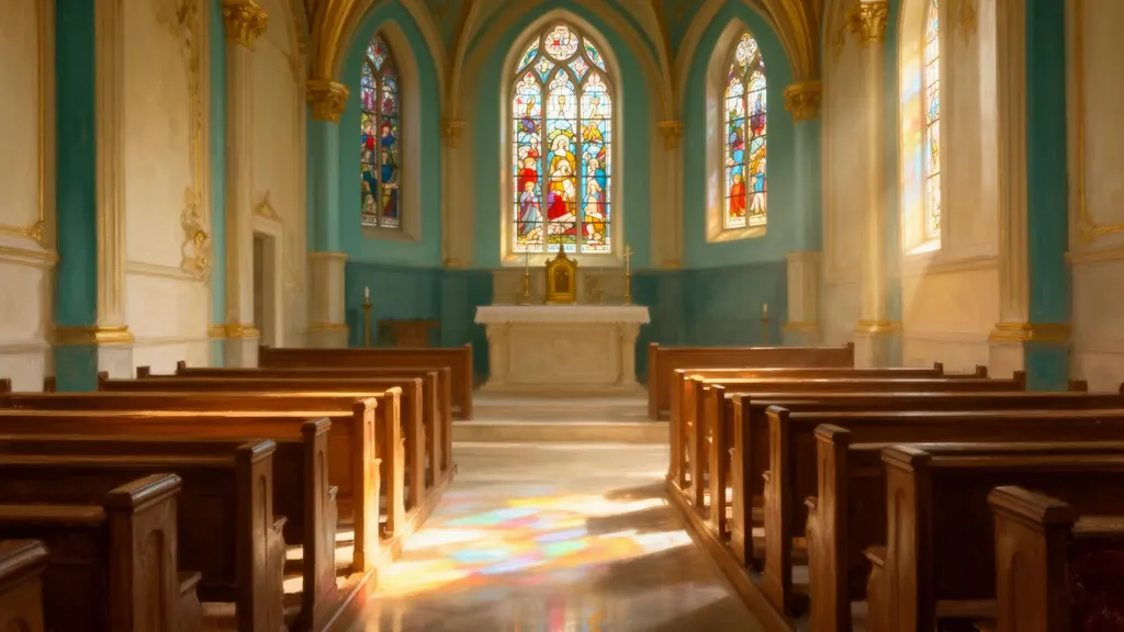 Sunlit chapel interior with stained-glass light spilling onto wooden pews — a peaceful invitation to thoughtful Bible study conversation with Hans Malan.