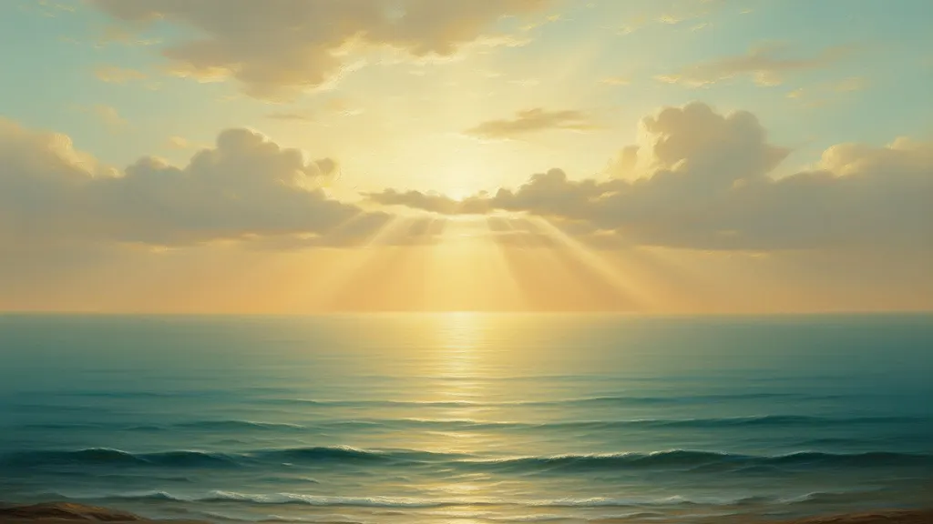 Golden dawn breaking over a calm sea — a painterly reflection on the hope, peace and promised return of Jesus Christ, from Hans Malan's Bible study guide.